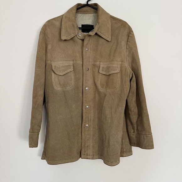 Wallachs Suede Leather Jacket Mens XL‎ Tan Snap Front Western Shacket Overshirt